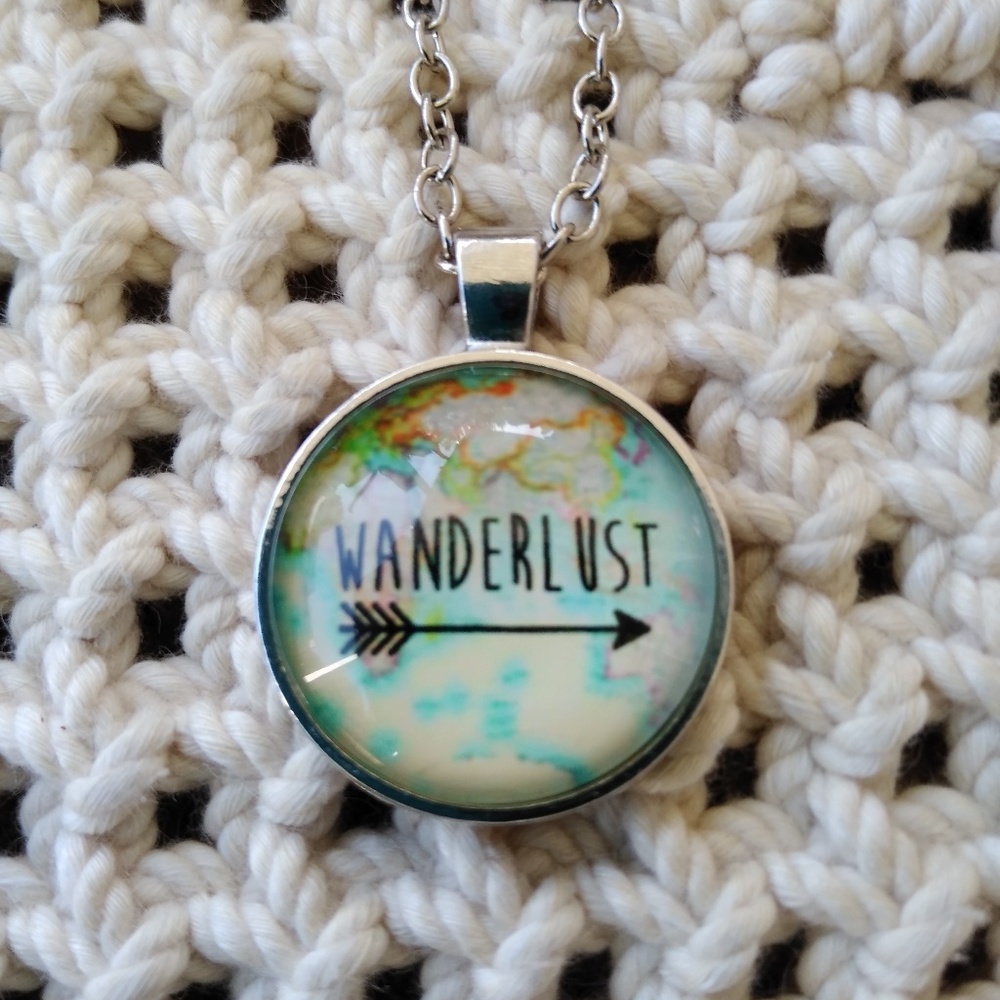 Wanderlust map necklace silver teal boho arrow